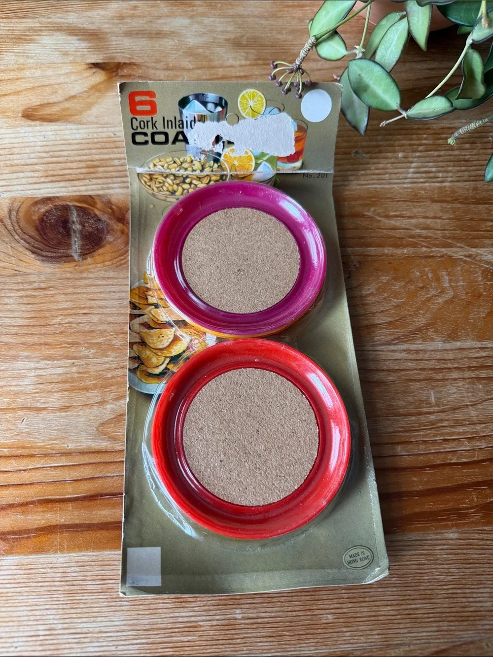 Vintage Set of Round Cork Inlaid Coasters